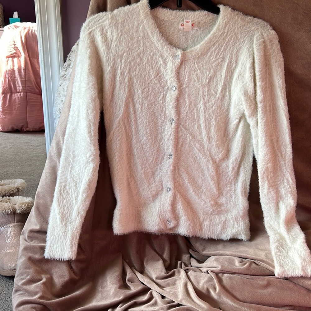 Cat and Jack sweater with rhinestone buttons, cream, size 10/12 NWOT